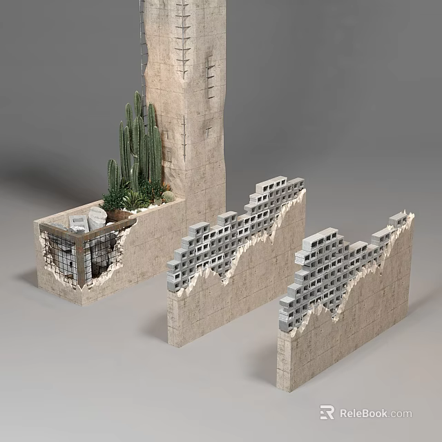 Building Exterior Wall With Stony Texture Perforated Patterns Layered Sections And Succulent Plant 3d model