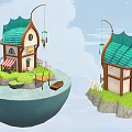 Whimsical Cartoon Scene With House Green Roof Red Striped Awning Street Lamp Boat Water Grass