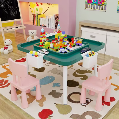 Colorful Building Blocks Kids Table With Pink Chairs And Toy Cars Play Area 3d model
