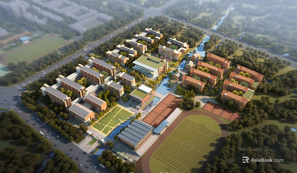 Modern Campus School Buildings Featuring Classroom Blocks Sports Field Green Spaces and Pathways 3d model 