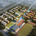 Modern Campus School Buildings Featuring Classroom Blocks Sports Field Green Spaces and Pathways