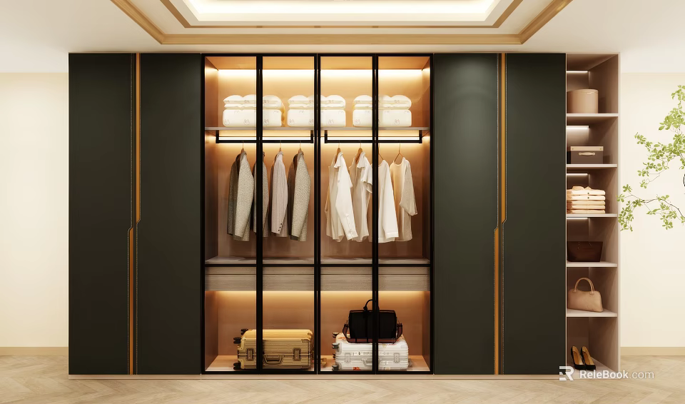 Modern Dark Green Wardrobe Interior With Glass Doors Golden Frames Hanging Shirts And Folded Clothes 3d model 