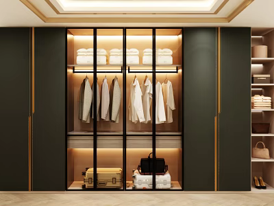 Modern Dark Green Wardrobe Interior With Glass Doors Golden Frames Hanging Shirts And Folded Clothes 3d model