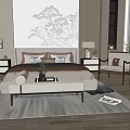 Double Bed with Pillows Bench Nightstand Lamp and Decorative Artwork on Rug