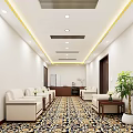 Elegant Spacious Hotel Public Lounge With White Sofas Coffee Tables Patterned Carpet And Landscape Painting