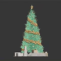 Green Christmas Tree With Golden Decorations Star On Top And Gift Boxes