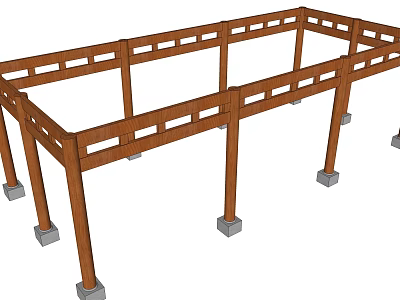 Traditional Ancient Architecture Wooden Structure With Columns Beams And Railing Design 3d model