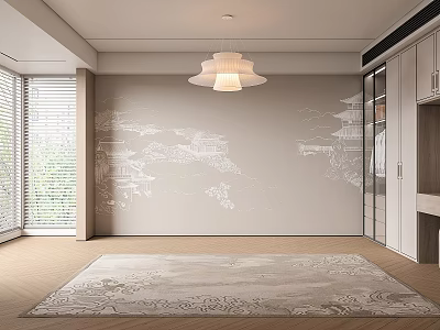 Modern Bedroom Accent Wall With Chinese Style Line Art Mural 3d model