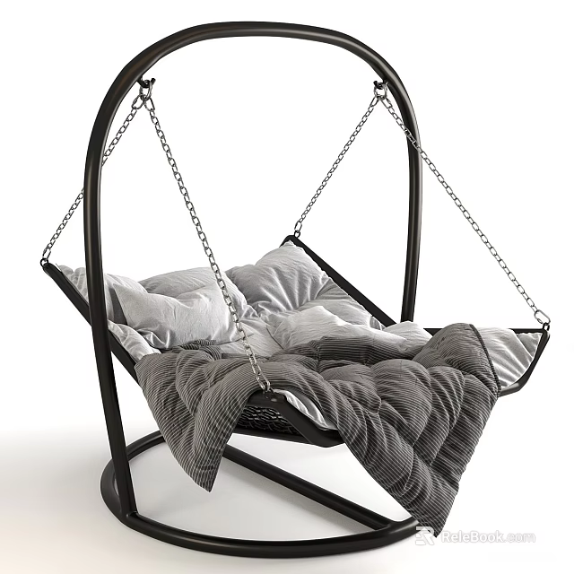 Modern Black Frame Hanging Chair With Chain White Cushions And Gray Blanket 3d model 