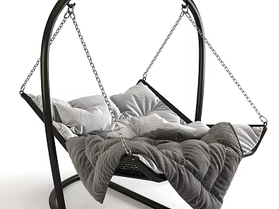 Modern Black Frame Hanging Chair With Chain White Cushions And Gray Blanket 3d model