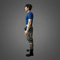 A Stylish Man Wearing Blue T shirt Camouflage Pants Black Boots With Waist Pack And Wristbands