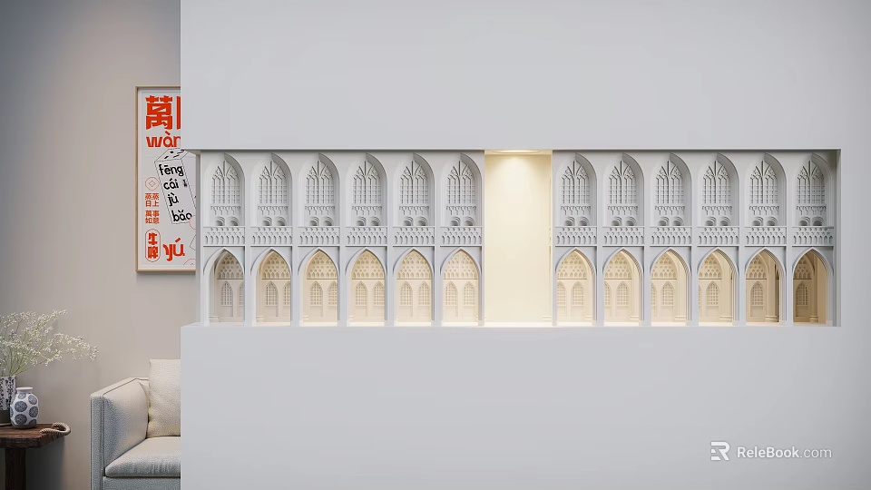 Elegant Modern Living Room White Wall With Illuminated Wall Lamp And Arched Decor Design 3d model 