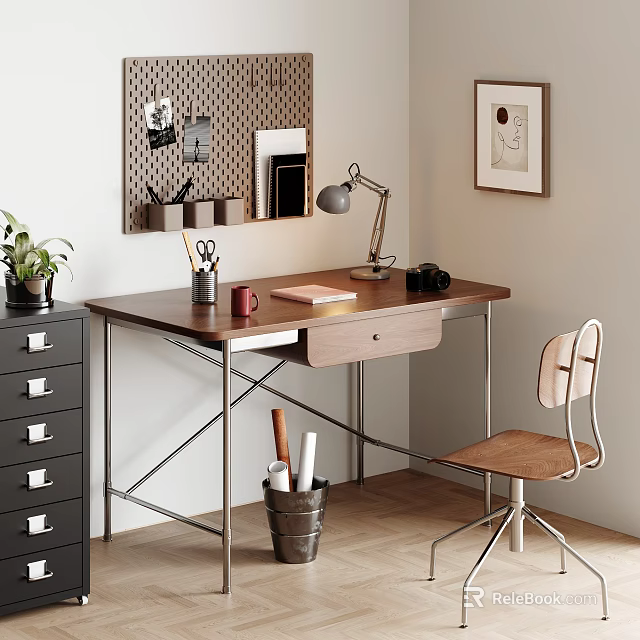 Modern Wooden Desk And Comfortable Chair With Desk Lamp Stationery And Potted Plant 3d model 