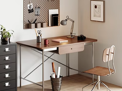 Modern Wooden Desk And Comfortable Chair With Desk Lamp Stationery And Potted Plant 3d model