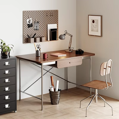 Modern Wooden Desk And Comfortable Chair With Desk Lamp Stationery And Potted Plant 3d model