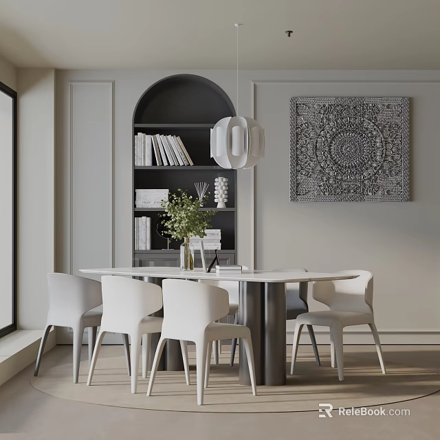 Modern Dining Table Set with White Chairs Black Arched Bookshelf and Pendant Light in Contemporary Interior 3d model 