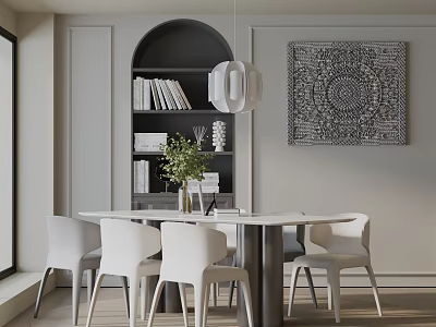 Modern Dining Table Set with White Chairs Black Arched Bookshelf and Pendant Light in Contemporary Interior 3d model