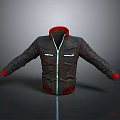 Fashionable Brown Leather Jacket with Red Ribbed Collar and Cuffs White Zipper