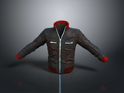 Fashionable Brown Leather Jacket with Red Ribbed Collar and Cuffs White Zipper 3d model