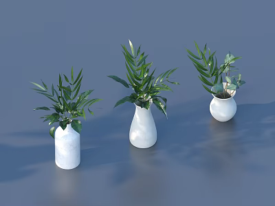 Three Green Potted Plants in White Vases on Gray Background 3d model