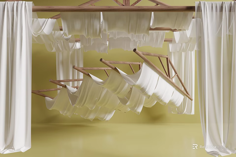 Elegant White Ceiling Drapery With Wooden Hanging Frames And Yellow Interior Background 3d model