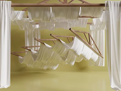 Elegant White Ceiling Drapery With Wooden Hanging Frames And Yellow Interior Background 3d model