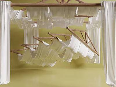 Elegant White Ceiling Drapery With Wooden Hanging Frames And Yellow Interior Background 3d model