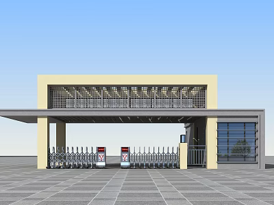 Modern Yellow Entrance Gate With Grid Top Turnstiles Glass Wall And Gray Tiled Ground 3d model