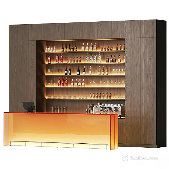 Modern Commercial Equipment with Wooden Wine Racks Various Bottles Wine Glasses and Orange Counter 3d model 