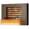 Modern Commercial Equipment with Wooden Wine Racks Various Bottles Wine Glasses and Orange Counter