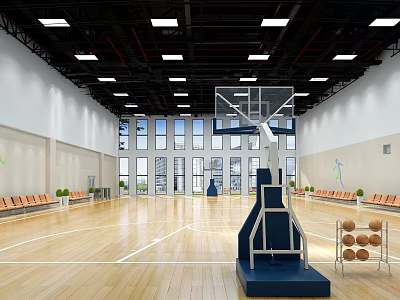 Modern Basketball Court With Wooden Floor Basketball Hoop Ceiling Lights And Spectator Seats 3d model