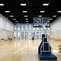 Modern Basketball Court With Wooden Floor Basketball Hoop Ceiling Lights And Spectator Seats