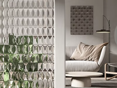 Textured Glass Room Divider For Modern Living Room With Sofa And Floor Lamp 3d model