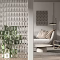 Textured Glass Room Divider For Modern Living Room With Sofa And Floor Lamp