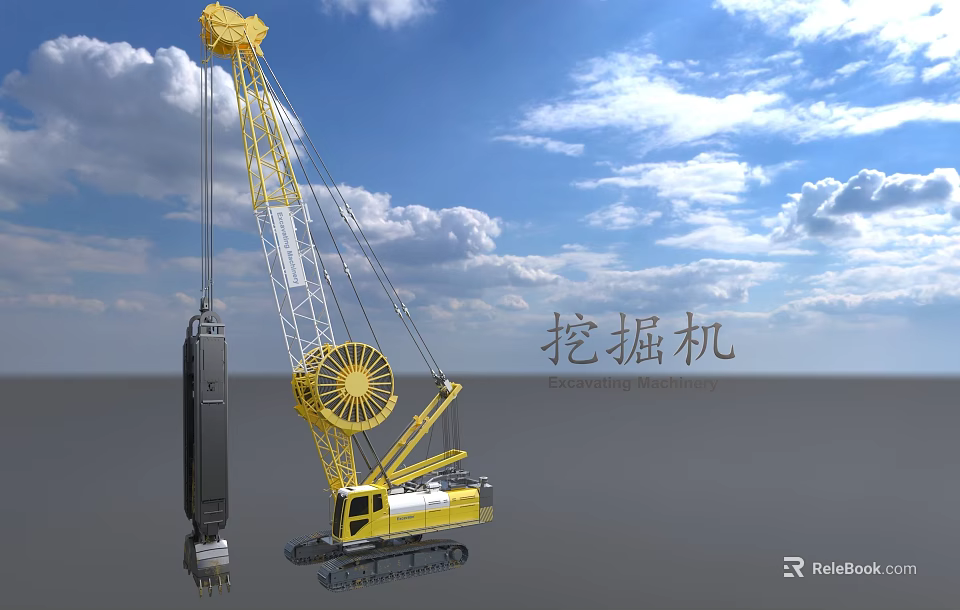 Yellow Crawler Excavator With Tracked Undercarriage Long Boom And Digging Attachment In Blue Sky Clouds 3d model 