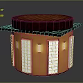 Circular Building Structure With Orange Walls White Lattice Windows Red Roof And Black Edges