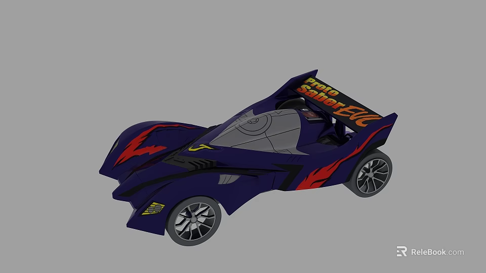 Dark Blue Racing Car Model With Red Flame Decals And Streamlined Design 3d model