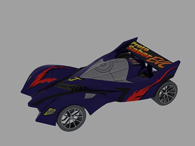 Dark Blue Racing Car Model With Red Flame Decals And Streamlined Design 3d model