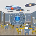 Modern School Classroom With Space Theme Decorations Blue Walls Yellow Blue Tables Chairs And Computers