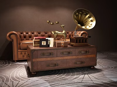 Tufted Leather Two Seater Sofa With Wooden Cabinet Vintage Gramophone Deer Figurine And Books 3d model