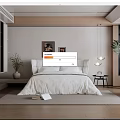 Modern Minimalist Bedroom Interior With Tufted Headboard White Bedding Decorative Paintings And Wooden Flooring