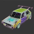 Vintage Car With Colorful Paint Yellow Green Blue Purple And Black Rear Spoiler Pink Wheels
