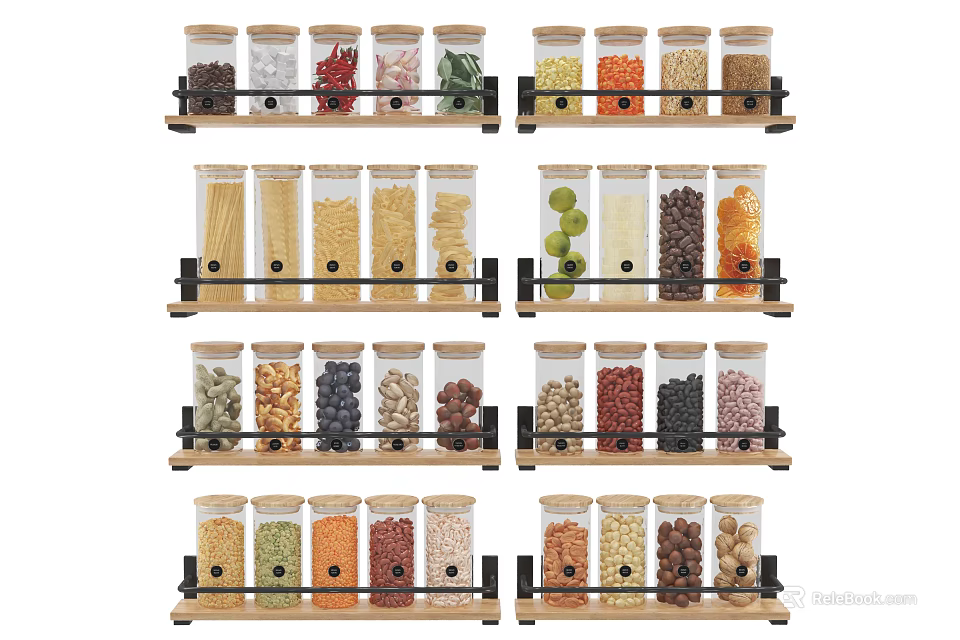 Organized Spice Jars On Wooden Racks With Various Spices And Grains For Kitchen Storage 3d model 
