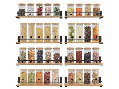 Organized Spice Jars On Wooden Racks With Various Spices And Grains For Kitchen Storage 3d model