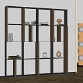 Modern Wooden and Black Frame Bookcase with Layered Shelves Books Decorative Items and Radio