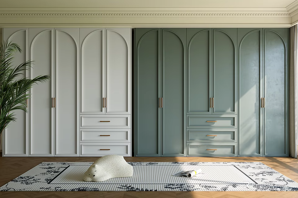 Modern Wardrobe Interior Design With White And Green Double Doors And Metal Handle Drawers 3d model 
