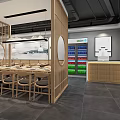 Modern Minimalist Restaurant Interior With Wooden Partitions Dining Tables Chairs Wall Decor And Beverage Cooler