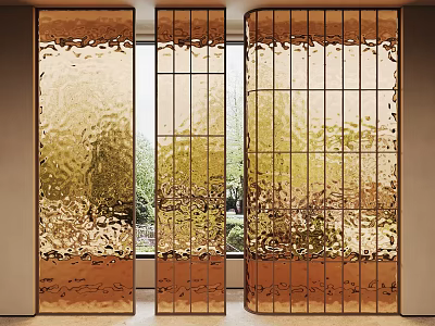 Modern Decorative Glass Room Divider With Gold Metal Frame And Textured Panels 3d model