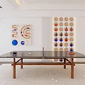 Indoor Sports Equipment Ping Pong Table With Wooden Legs And Wall Decor