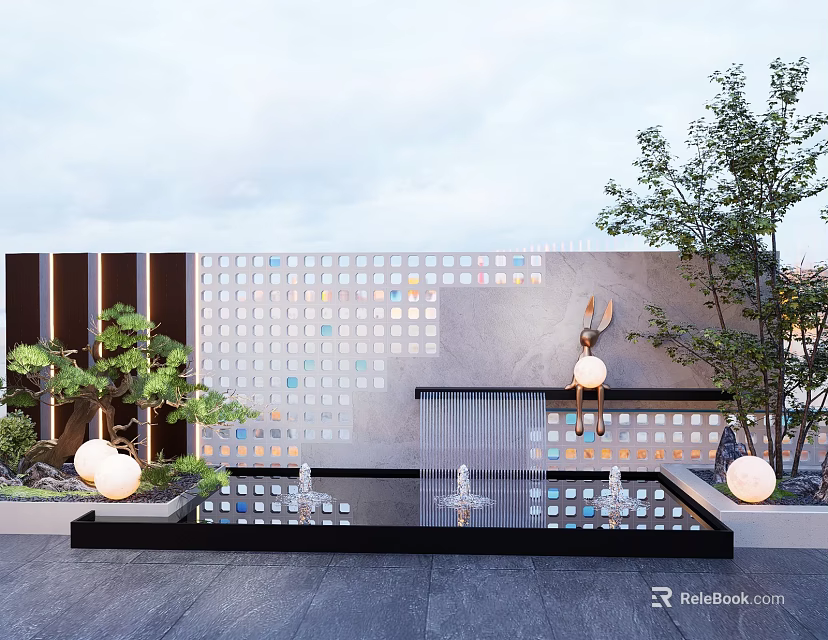 Grid Patterned Feature Wall Design With Water Pool Fountains Green Plants And Round Lamps 3d model 